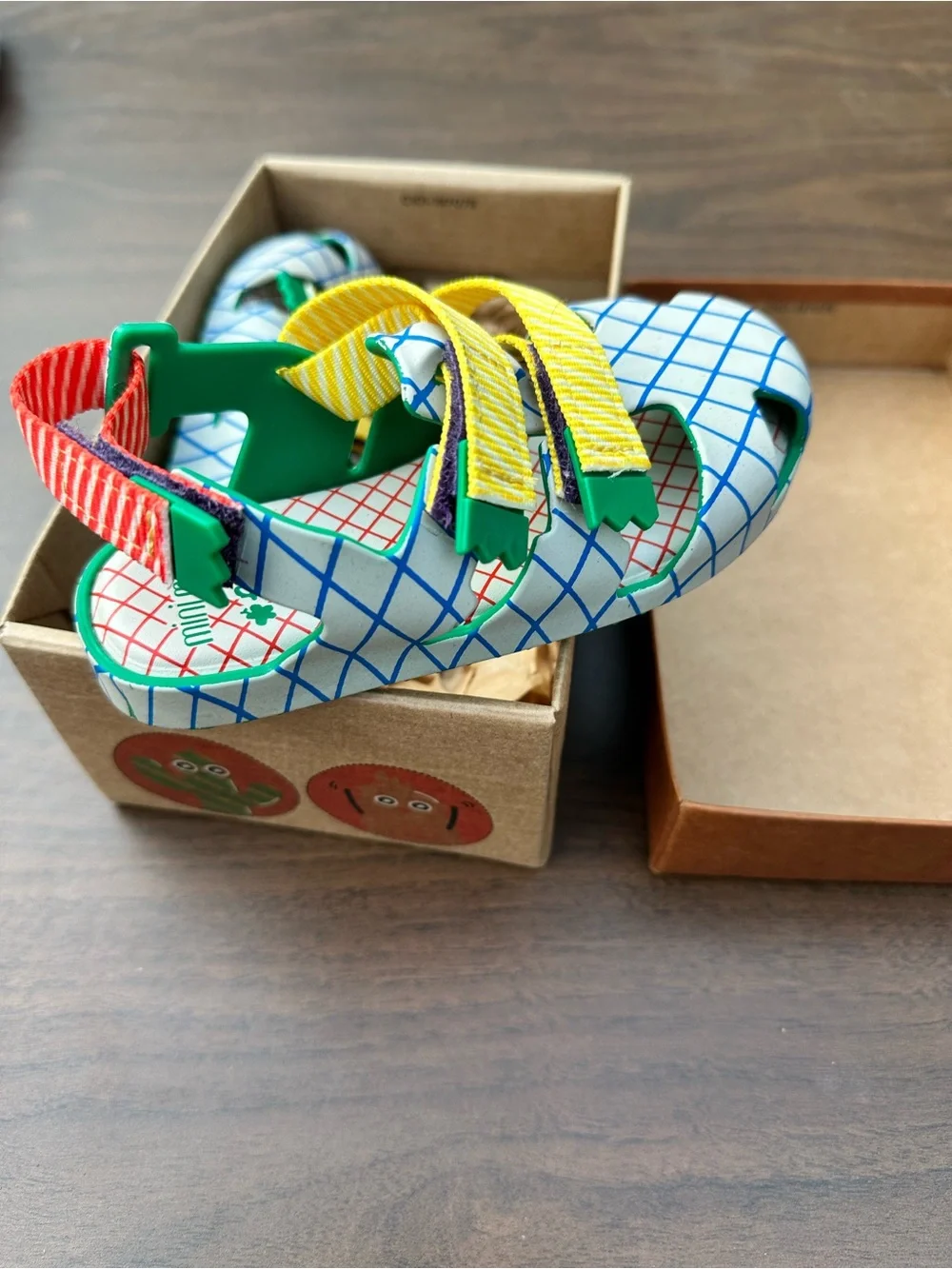 Mini Melissa White Grid Sandals with Yellow, Green & Red Accents